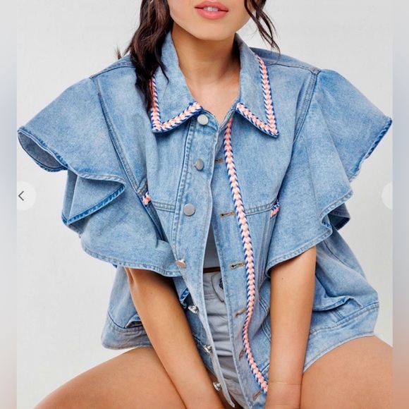Boho Denim Vest Jacket with Ruffle Sleeves - Picture 4 of 7